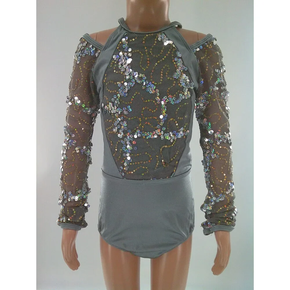 Pre-Owned Dance Costume Revolution RC22843 Medium Child Silver Jazz Sequins
